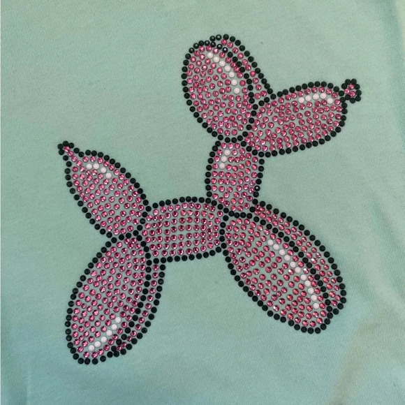 Girls Handmade Mint Green T-Shirt With Pink Rhinestone Balloon Dog Size Medium - Picture 6 of 8